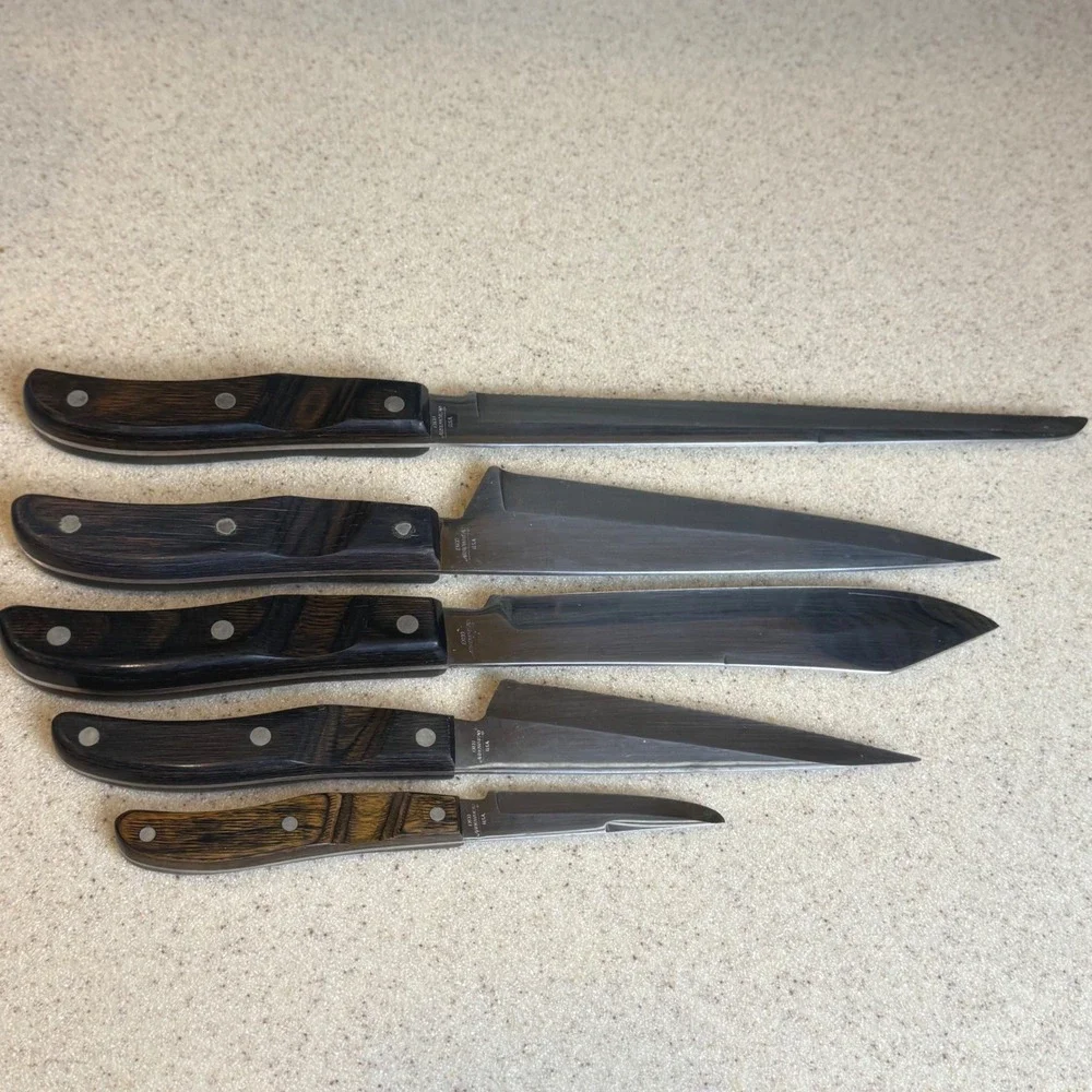 Vintage 1960s Ekco Arrowhead Knife Set 5 Piece Wood Handle USA Maple Wall Holder